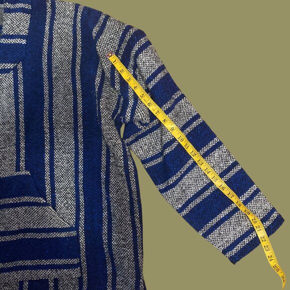 Vintage Mexican Baja Hoodie Blue & Gray Striped Unisex Sweater Poncho (Size XL) - Picture 6 of 7